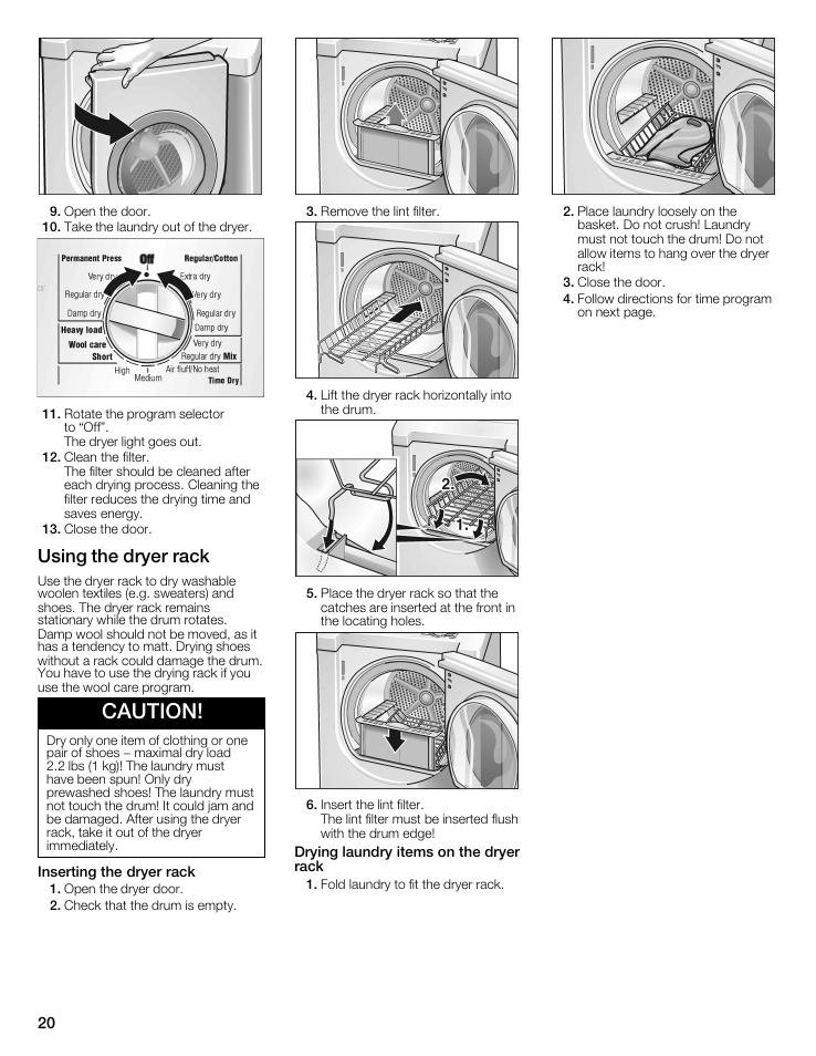 Caution, Using the dryer rack | Bosch WTMC6521UC User Manual | Page 20 / 80