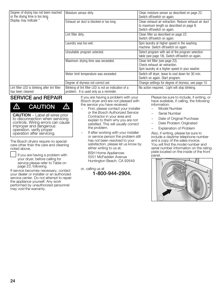 Caution, Service and repair | Bosch WTMC6521UC User Manual | Page 24 / 80