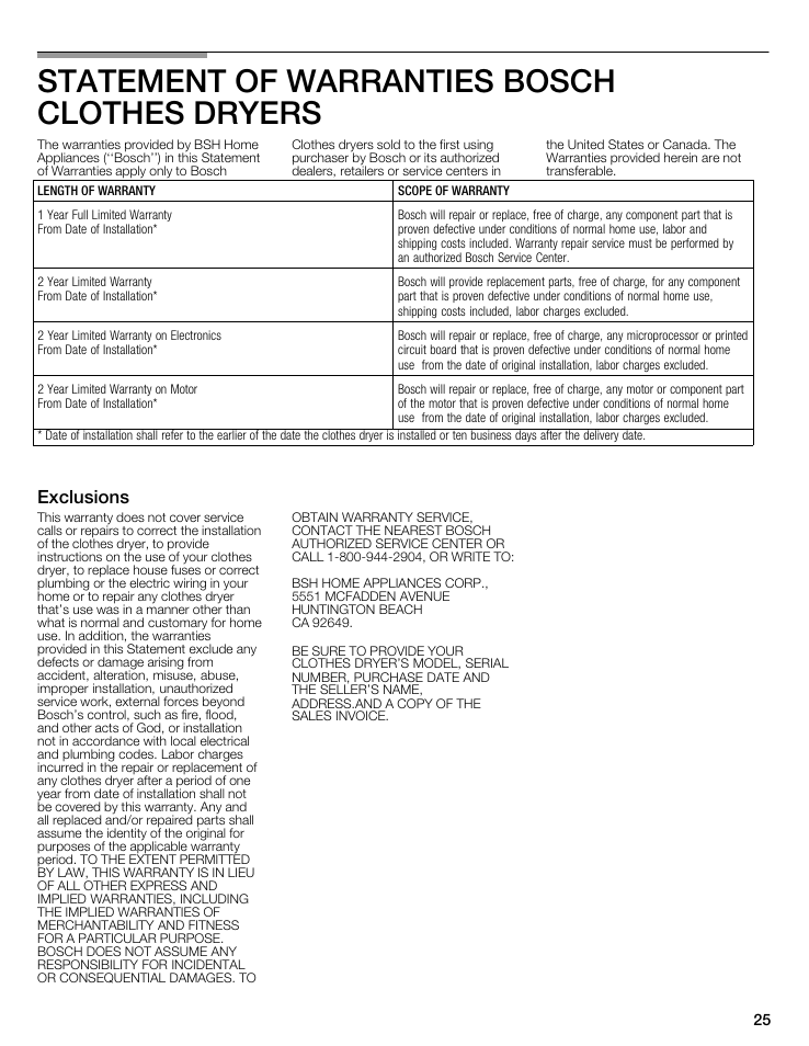 Statement of warranties bosch clothes dryers, Exclusions | Bosch WTMC6521UC User Manual | Page 25 / 80