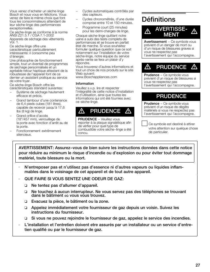 Définitions d, Prudence, Avertisseć ment | Bosch WTMC6521UC User Manual | Page 27 / 80