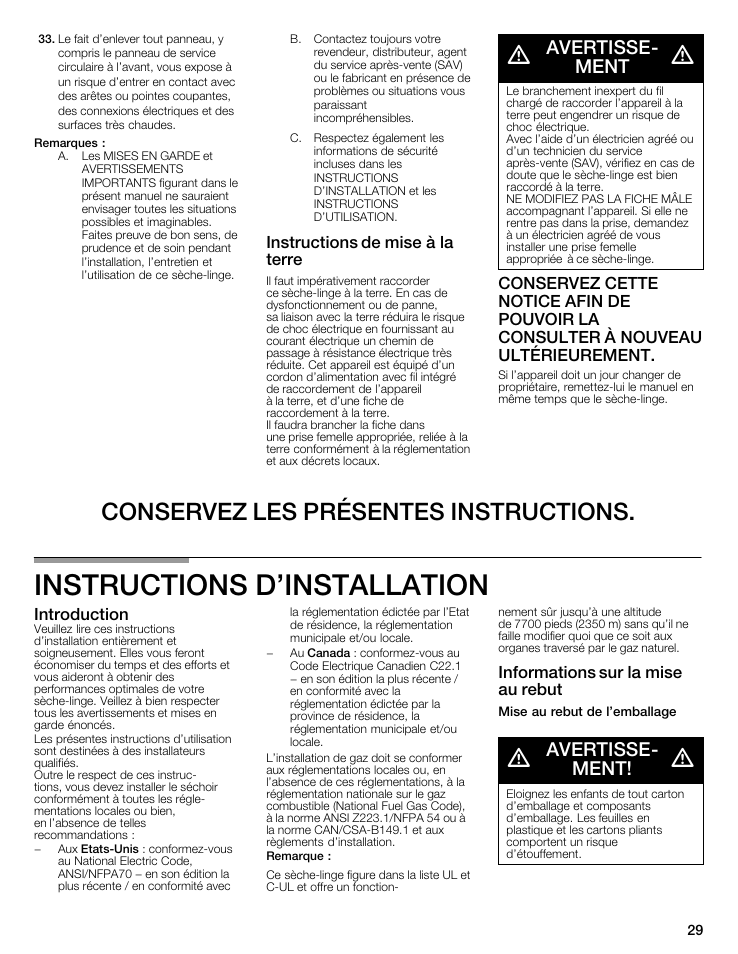 Instructions d'installation, Conservez les présentes instructions, Avertisseć ment | Instructions de mise à la terre, Introduction, Informations sur la mise au rebut | Bosch WTMC6521UC User Manual | Page 29 / 80