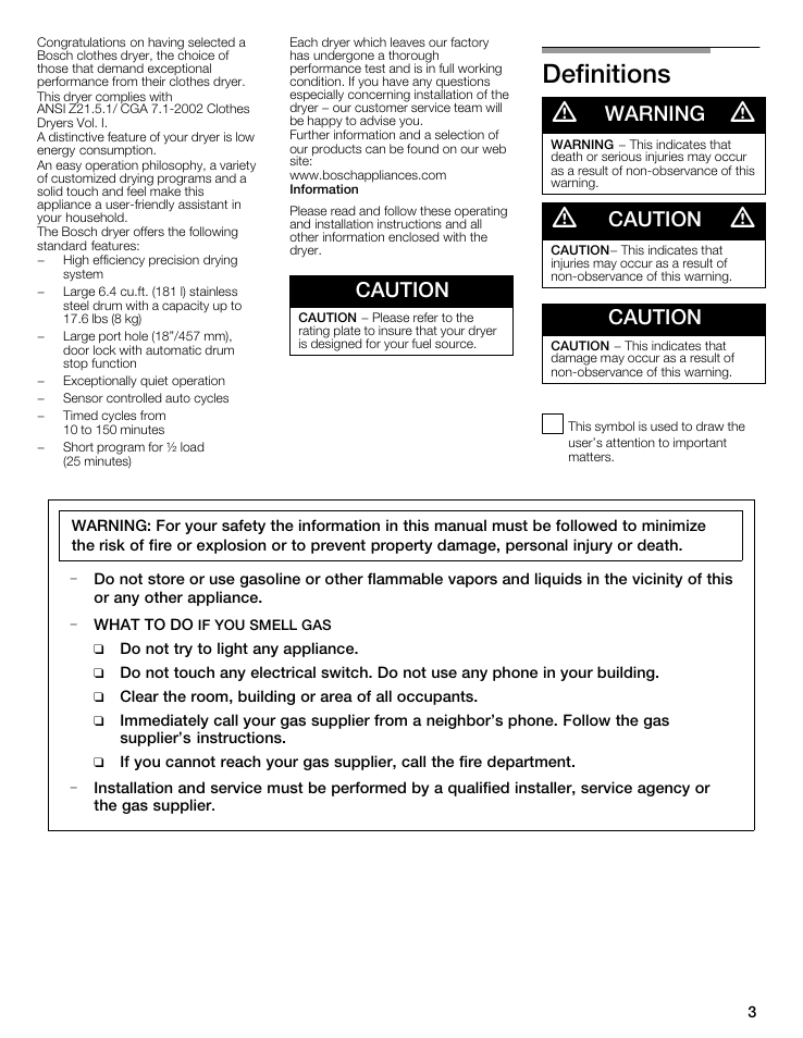 Definitions d, Caution, Warning | Bosch WTMC6521UC User Manual | Page 3 / 80