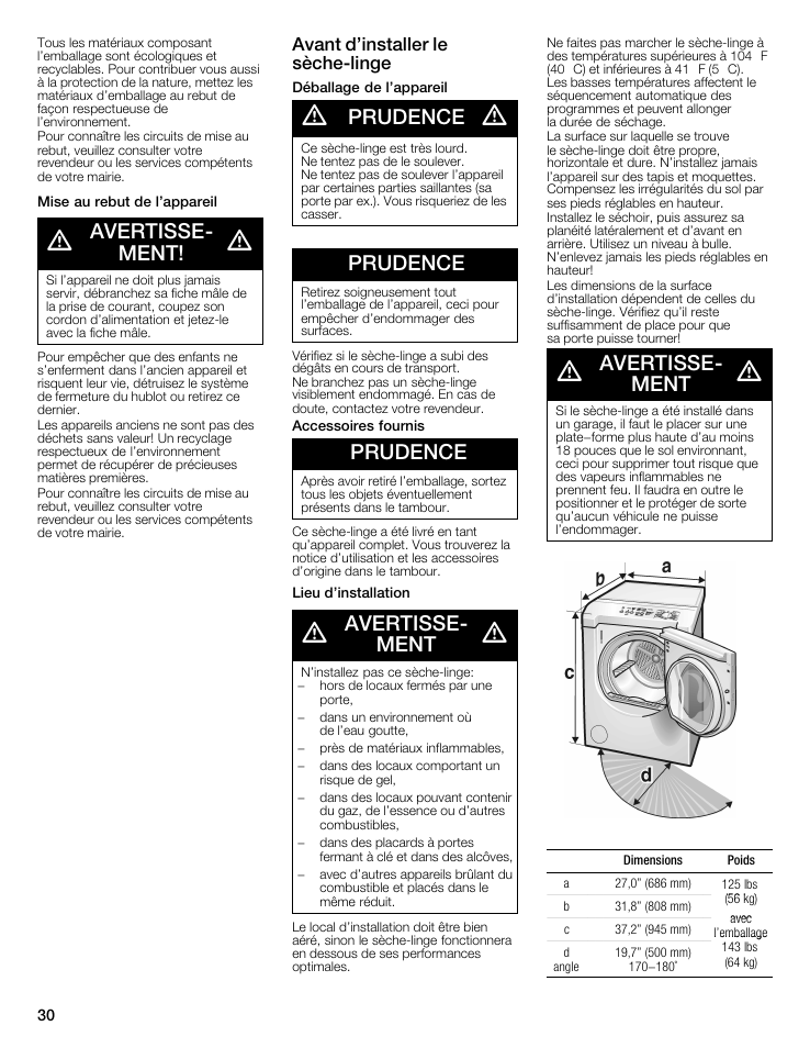 Avertisseć ment, Prudence, Avant d'installer le sèchećlinge | Bosch WTMC6521UC User Manual | Page 30 / 80