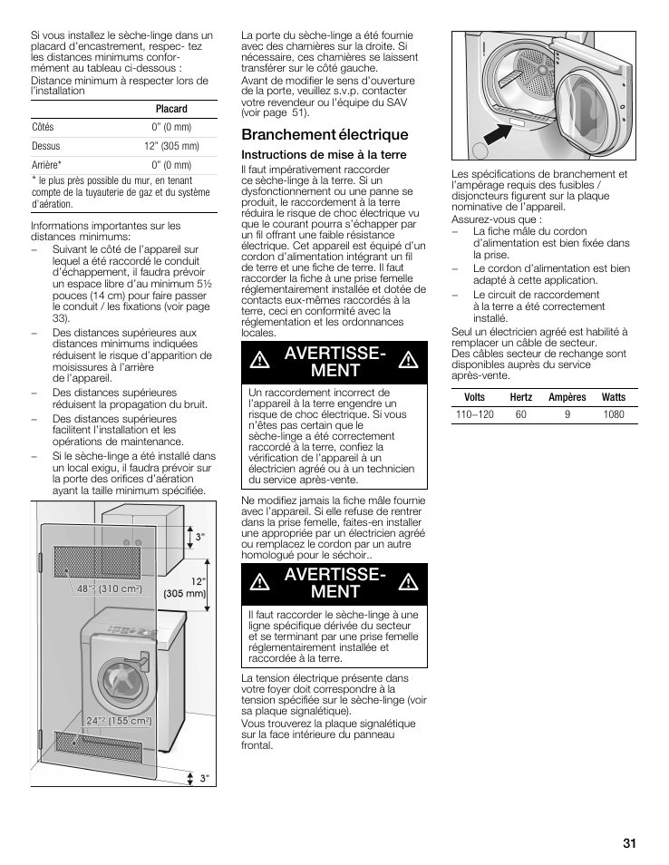 Avertisseć ment, Branchement électrique | Bosch WTMC6521UC User Manual | Page 31 / 80