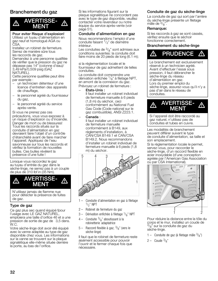 Avertisseć ment, Prudence, Branchement du gaz | Bosch WTMC6521UC User Manual | Page 32 / 80