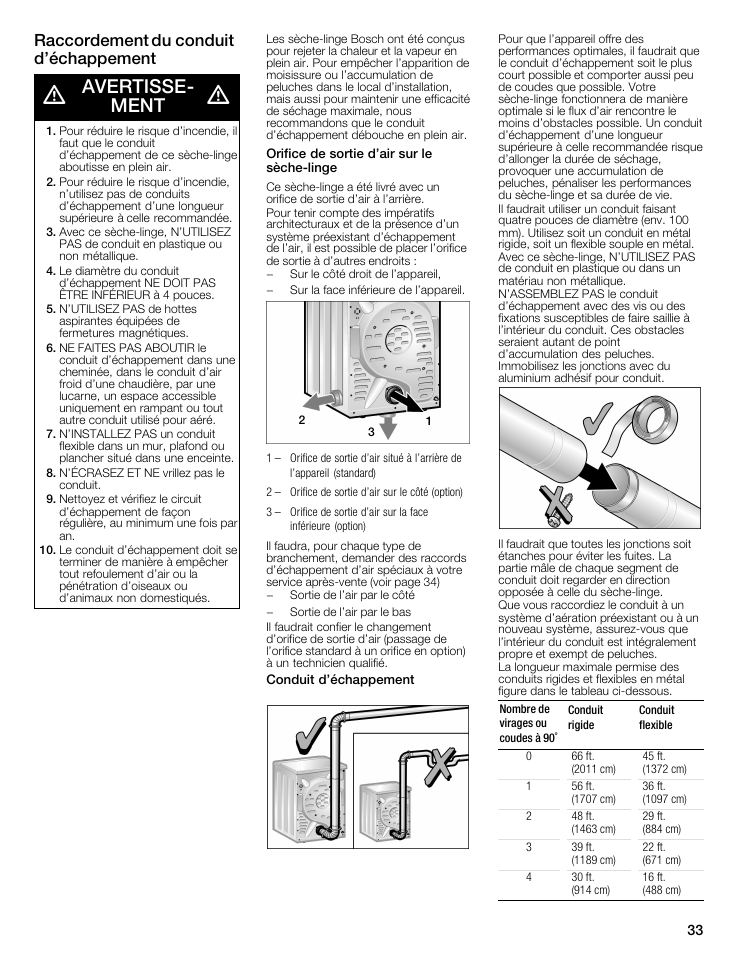 Avertisseć ment, Raccordement du conduit d'échappement | Bosch WTMC6521UC User Manual | Page 33 / 80