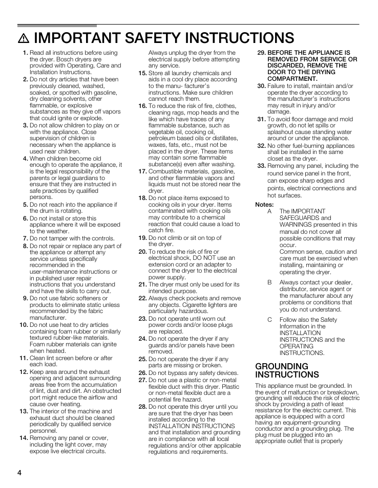 Important safety instructions, Grounding instructions | Bosch WTMC6521UC User Manual | Page 4 / 80