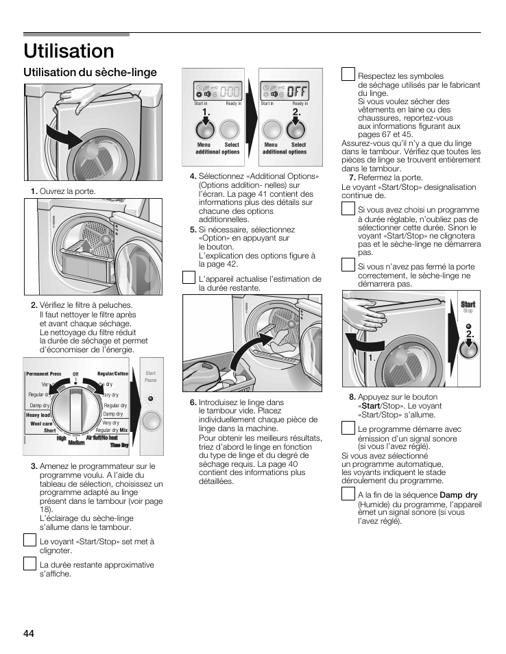 Utilisation, Utilisation du sèchećlinge | Bosch WTMC6521UC User Manual | Page 44 / 80