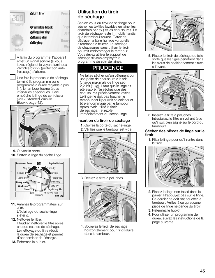 Prudence, Utilisation du tiroir de séchage | Bosch WTMC6521UC User Manual | Page 45 / 80