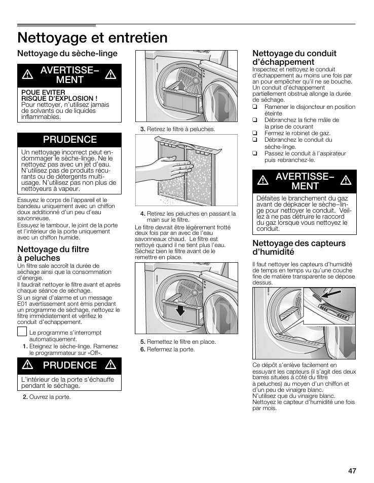 Nettoyage et entretien, Avertisse- ment, Prudence | Nettoyage du sèchećlinge, Nettoyage du filtre à peluches, Nettoyage du conduit d'échappement, Nettoyage des capteurs d'humidité | Bosch WTMC6521UC User Manual | Page 47 / 80