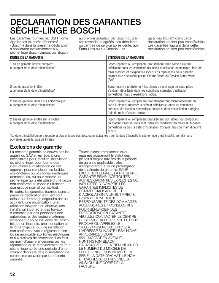 Declaration des garanties sèchećlinge bosch, Exclusions de garantie | Bosch WTMC6521UC User Manual | Page 52 / 80