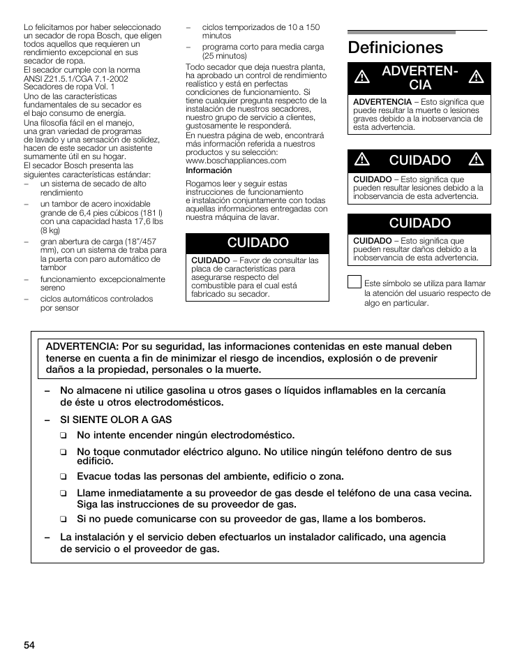 Definiciones d, Cuidado, Advertenć cia | Bosch WTMC6521UC User Manual | Page 54 / 80