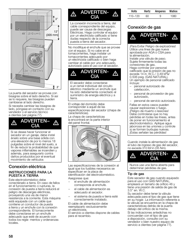 Adverten- cia, Advertenć cia, Conexión eléctrica | Conexión de gas | Bosch WTMC6521UC User Manual | Page 58 / 80