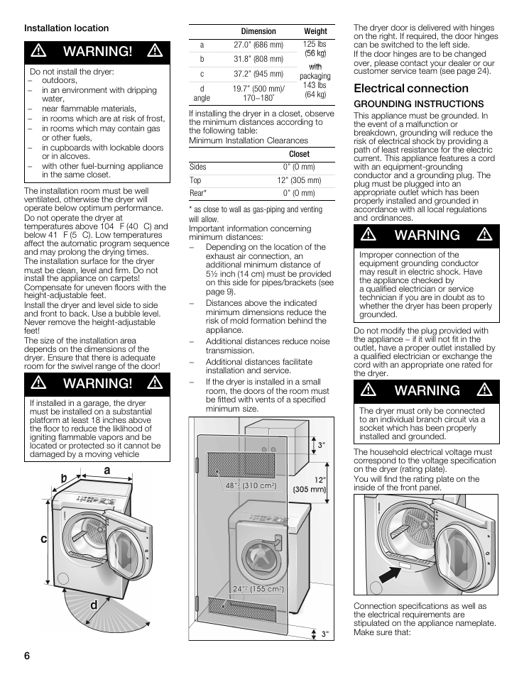 Warning, Electrical connection | Bosch WTMC6521UC User Manual | Page 6 / 80