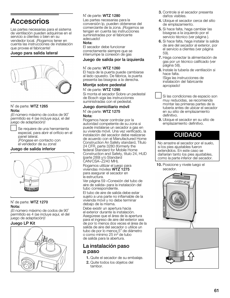 Accesorios, Cuidado, La instalación paso a paso | Bosch WTMC6521UC User Manual | Page 61 / 80