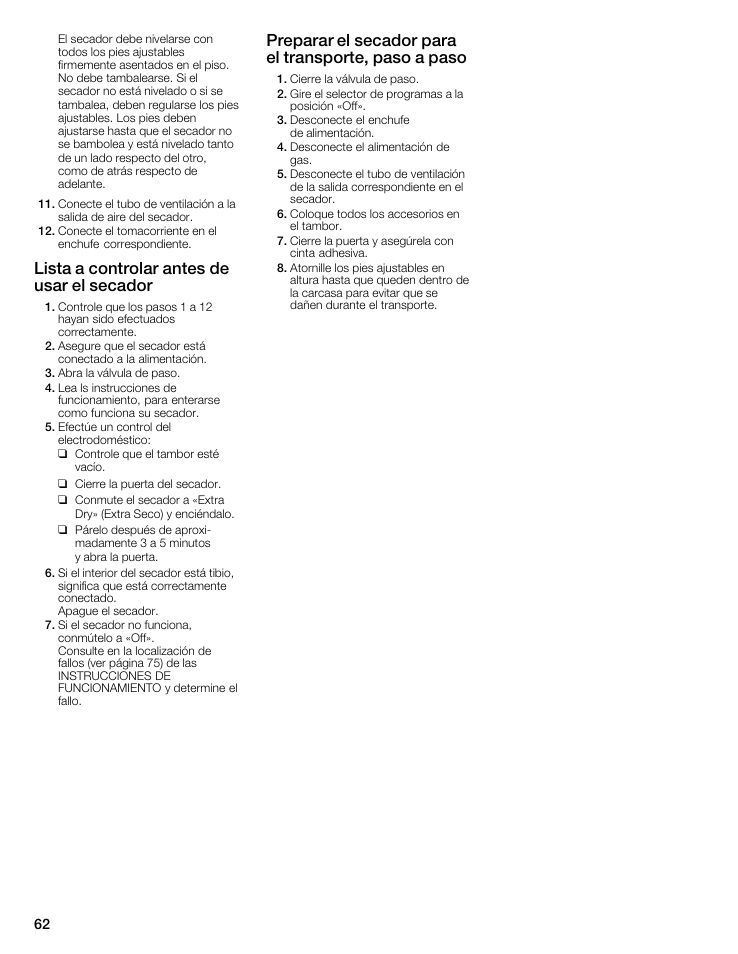 Lista a controlar antes de usar el secador | Bosch WTMC6521UC User Manual | Page 62 / 80