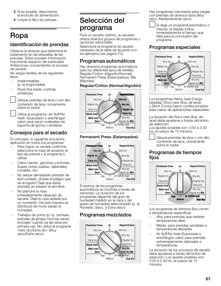 Ropa, Selección del programa, Identificación de prendas | Consejos para el secado, Programas automáticos, Programas mezclados, Programas especiales, Programas de tiempos fijos | Bosch WTMC6521UC User Manual | Page 67 / 80