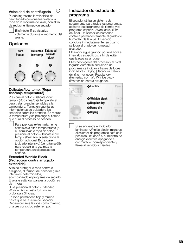Opciones, Indicador de estado del programa | Bosch WTMC6521UC User Manual | Page 69 / 80