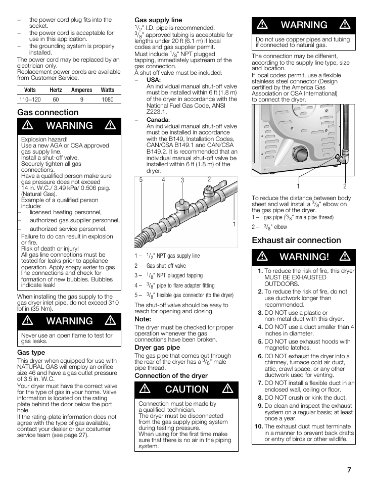 Warning, Caution, Gas connection | Exhaust air connection | Bosch WTMC6521UC User Manual | Page 7 / 80