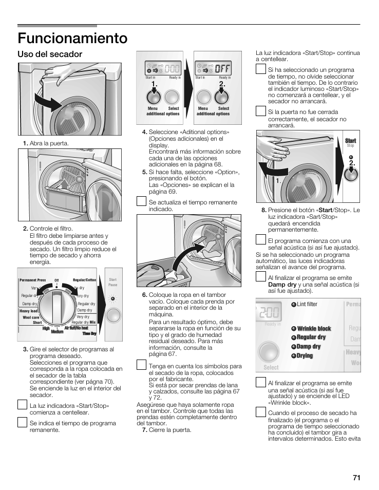 Funcionamiento, Uso del secador | Bosch WTMC6521UC User Manual | Page 71 / 80