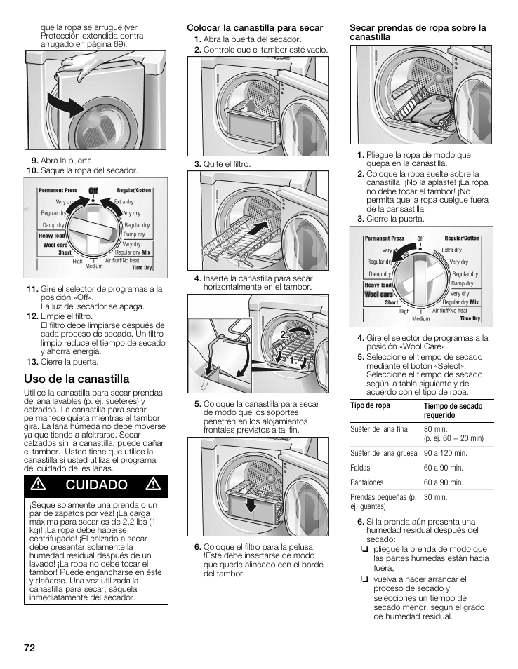 Cuidado, Uso de la canastilla | Bosch WTMC6521UC User Manual | Page 72 / 80