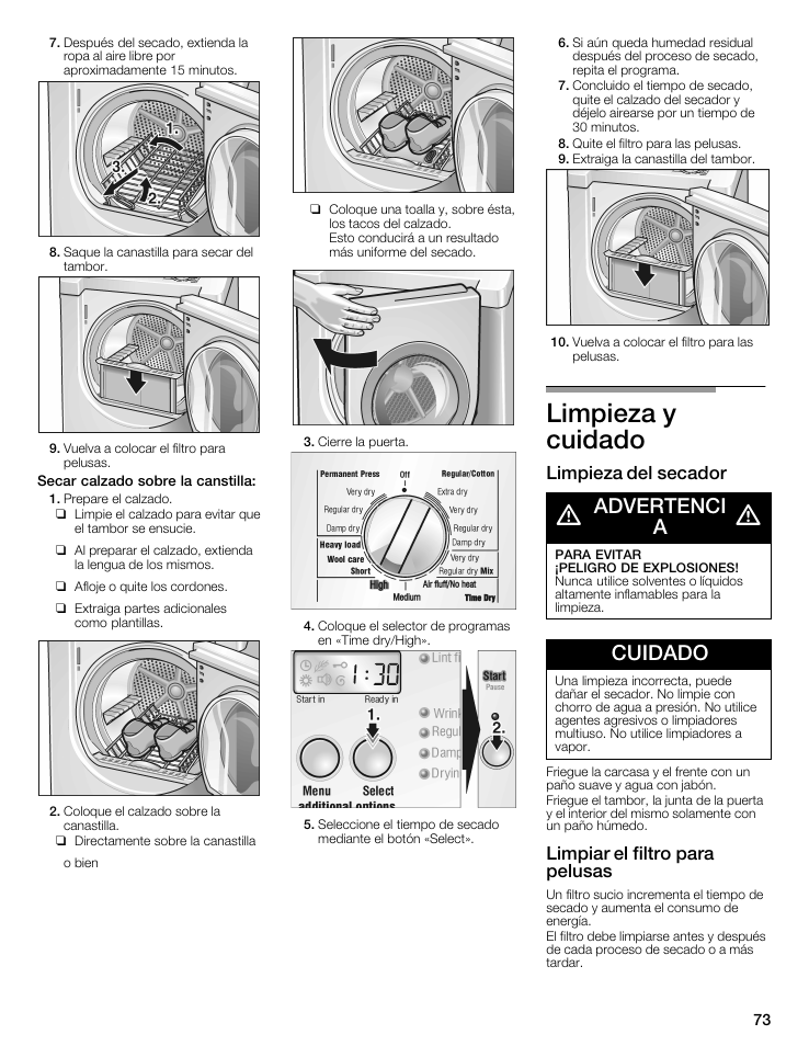 Limpieza y cuidado, Advertenci a, Cuidado | Limpieza del secador, Limpiar el filtro para pelusas | Bosch WTMC6521UC User Manual | Page 73 / 80