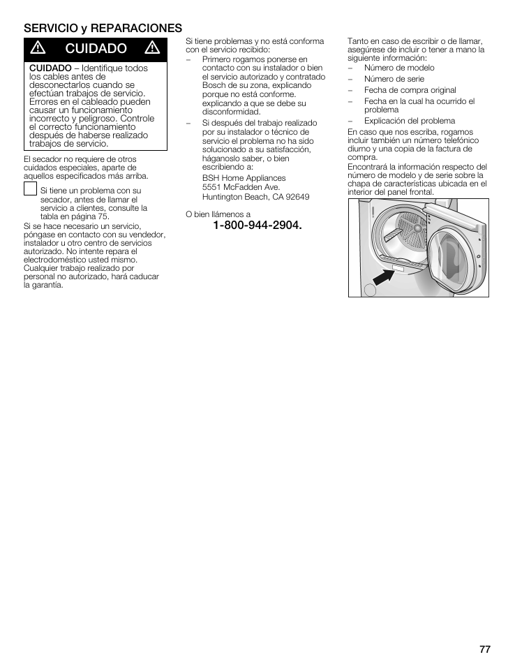 Cuidado, Servicio y reparaciones | Bosch WTMC6521UC User Manual | Page 77 / 80