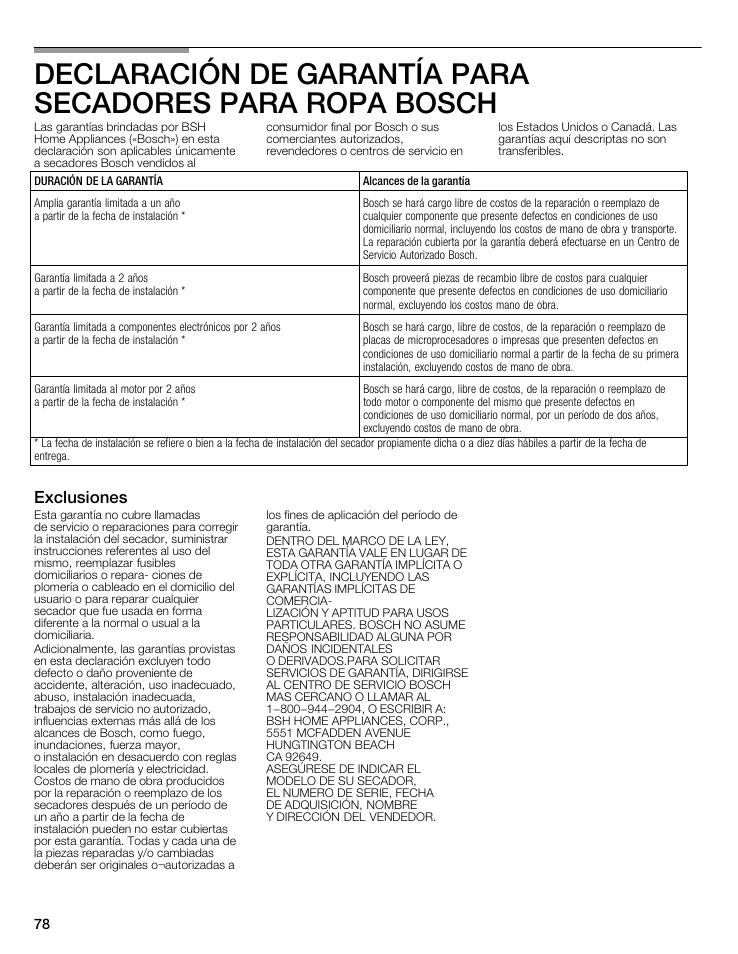 Exclusiones | Bosch WTMC6521UC User Manual | Page 78 / 80