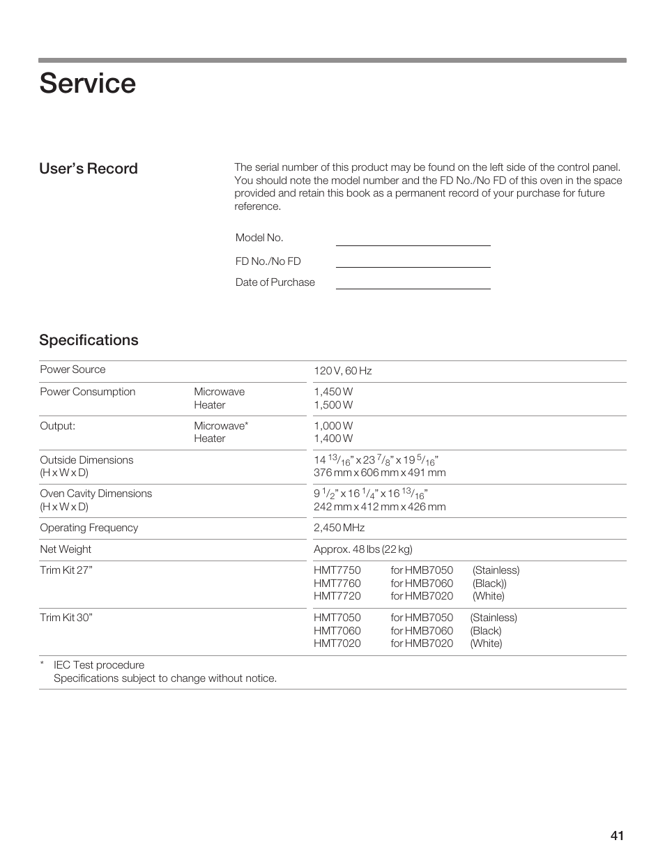 Service, User's record specifications | Bosch HMB8020 User Manual | Page 41 / 136