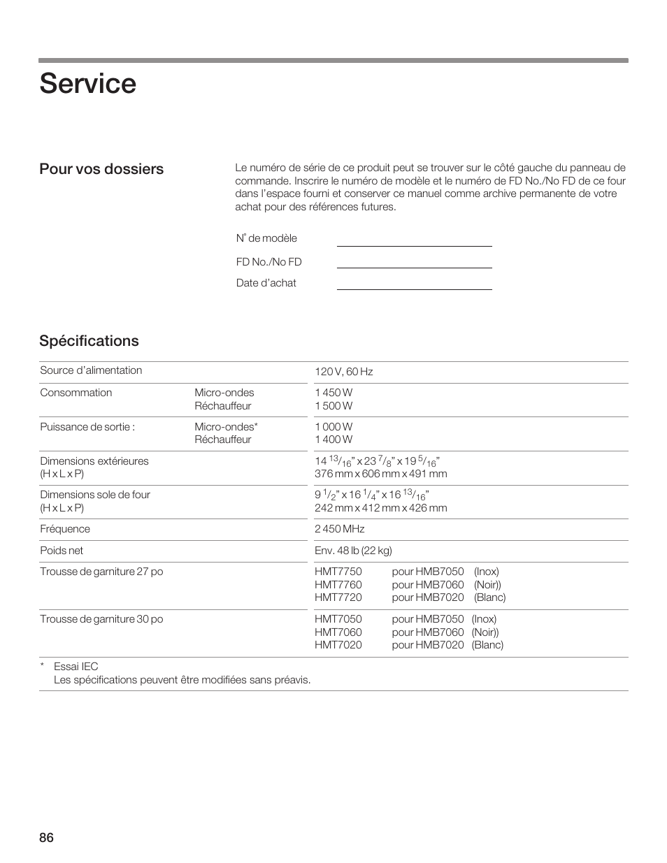 Service, Pour vos dossiers spécifications | Bosch HMB8020 User Manual | Page 86 / 136