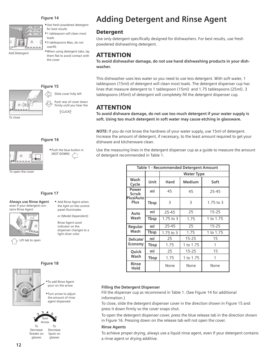 Adding detergent and rinse agent, Attention, Detergent | Bosch SHE44C User Manual | Page 12 / 22