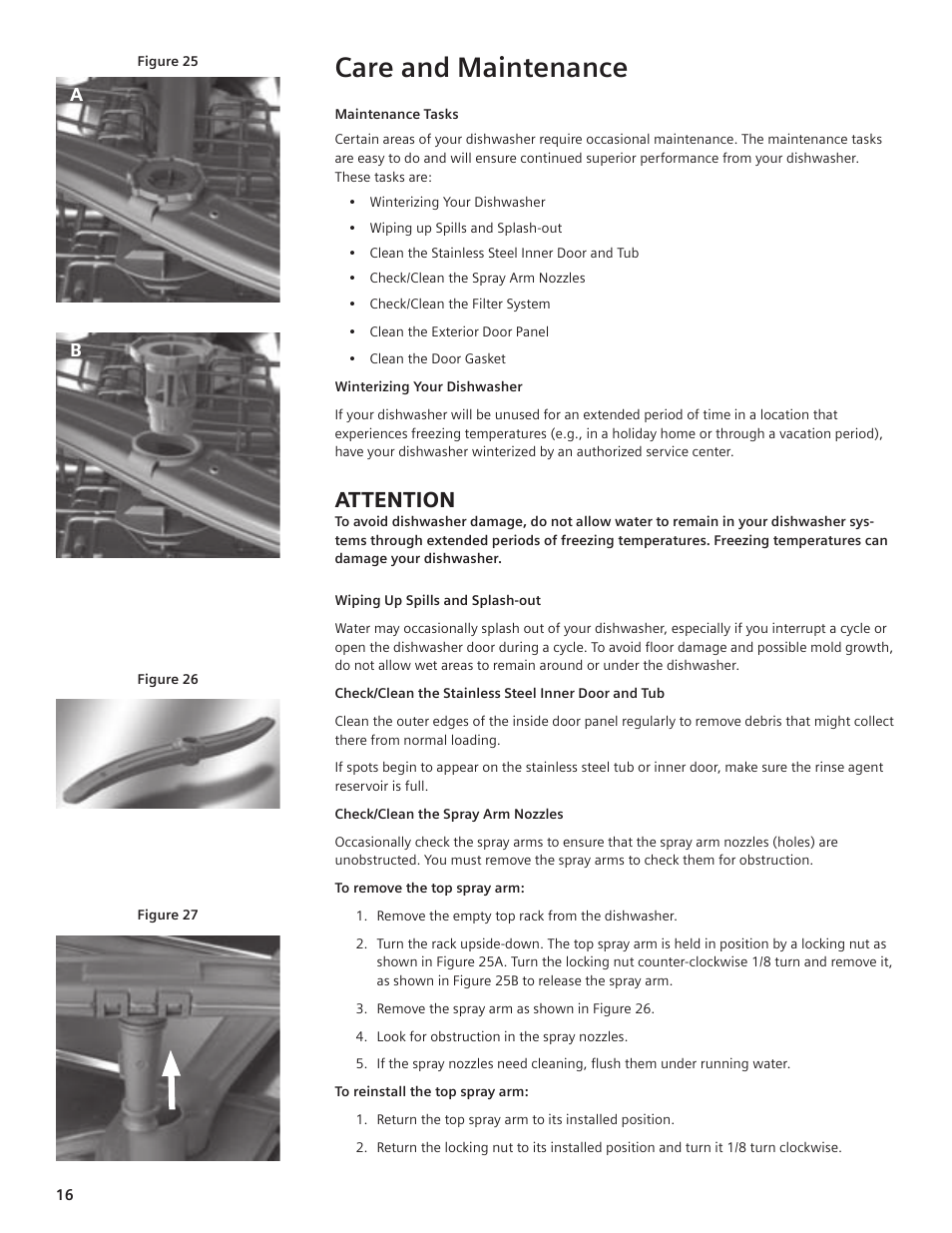 Care and maintenance, Attention | Bosch SHE44C User Manual | Page 16 / 22