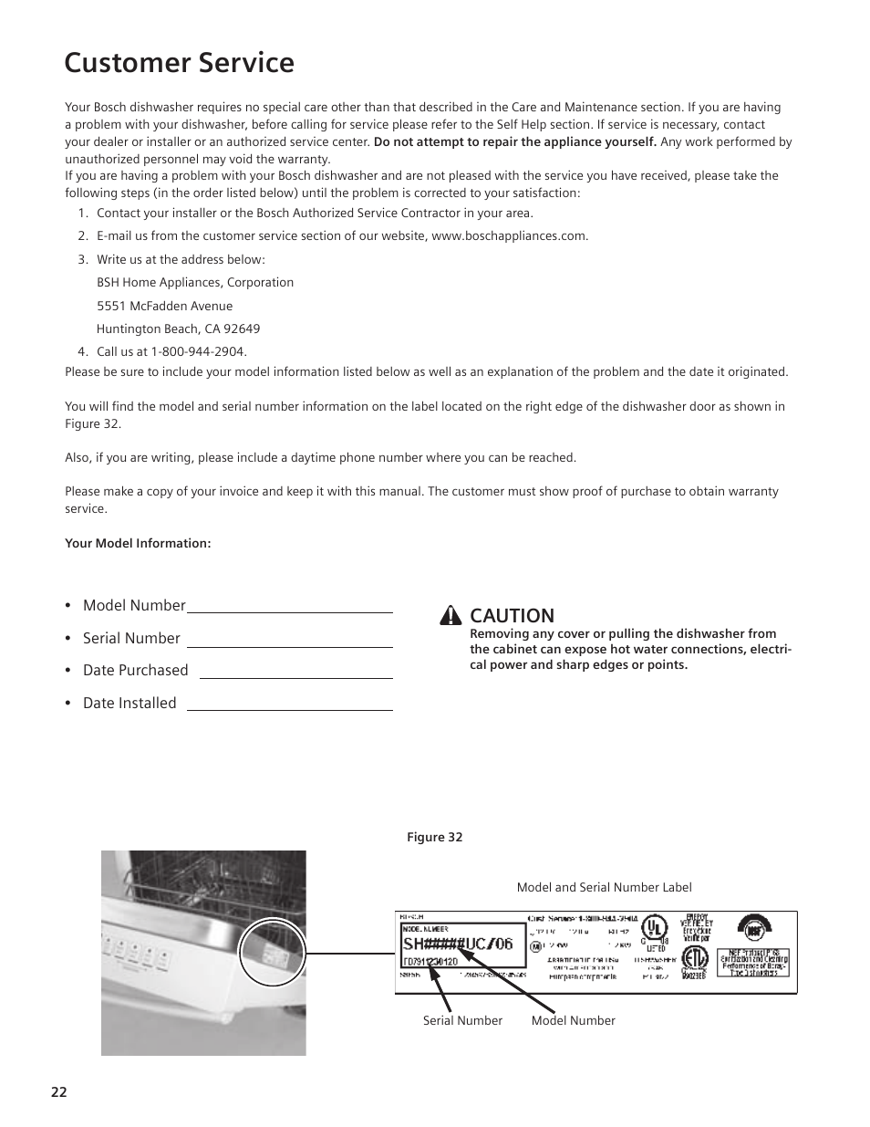 Customer service, Caution | Bosch SHE44C User Manual | Page 22 / 22