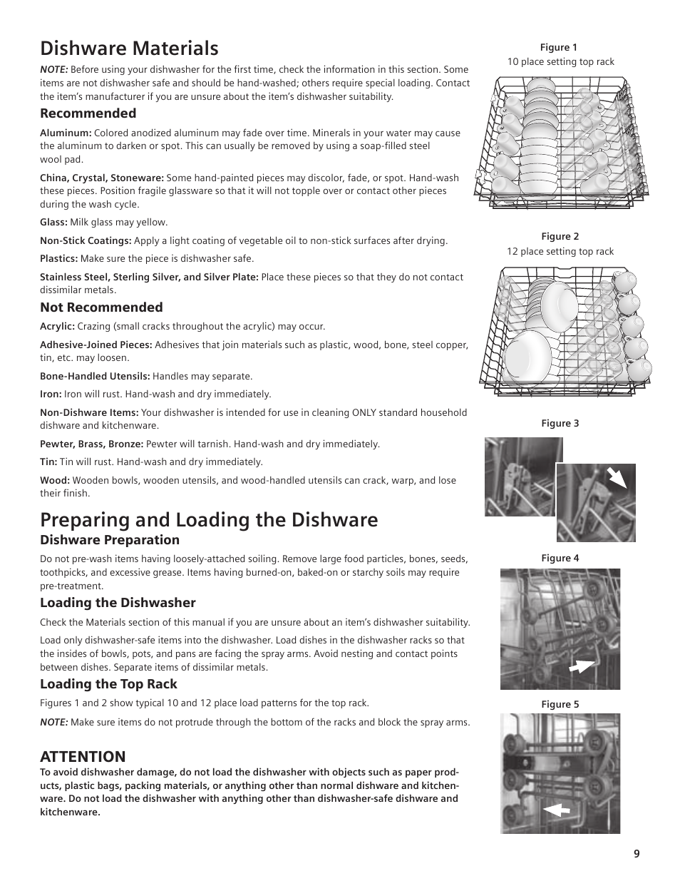 Dishware materials, Preparing and loading the dishware, Attention | Bosch SHE44C User Manual | Page 9 / 22