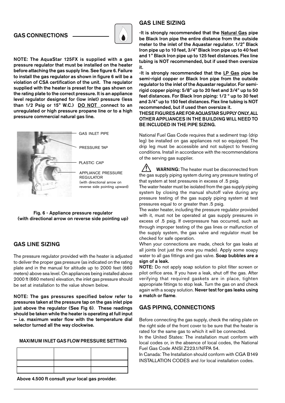 Gas line sizing, Gas piping, connections, Gas connections | Bosch 125FX NG User Manual | Page 10 / 24