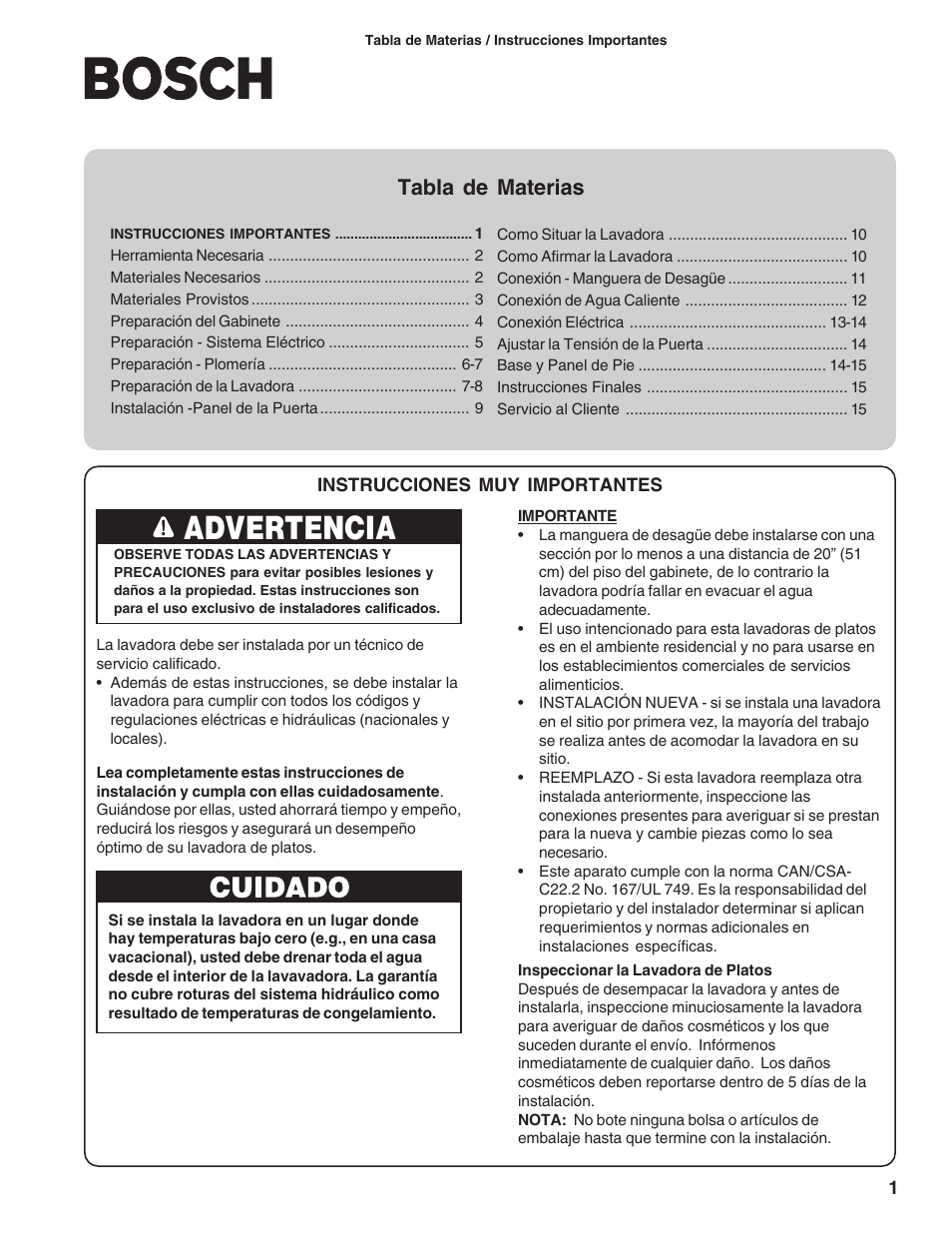 Advertencia, Tabla de materias | Bosch 9000063716 (8504) User Manual | Page 35 / 54