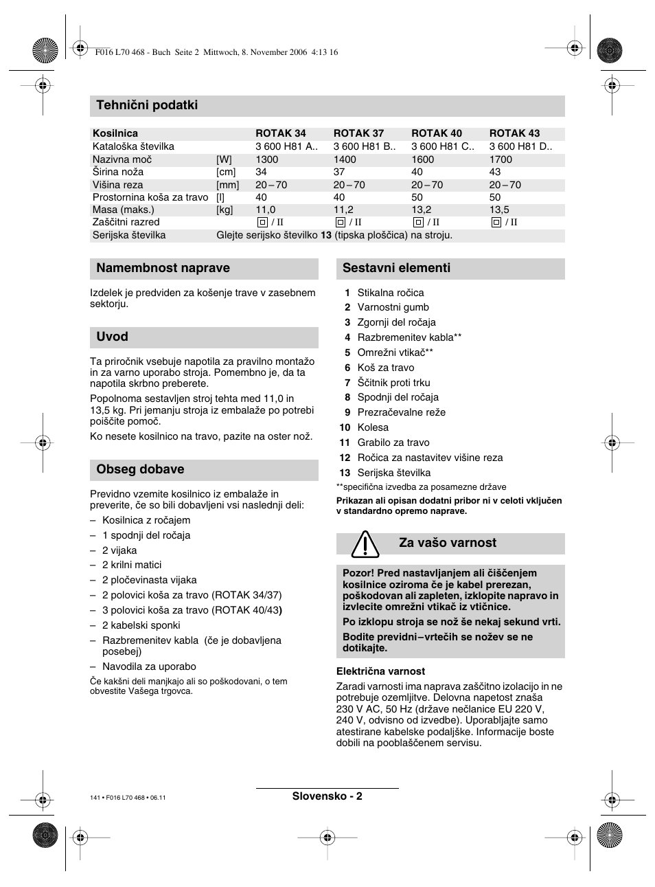 Tehniãni podatki | Bosch ROTAK 37 User Manual | Page 141 / 171