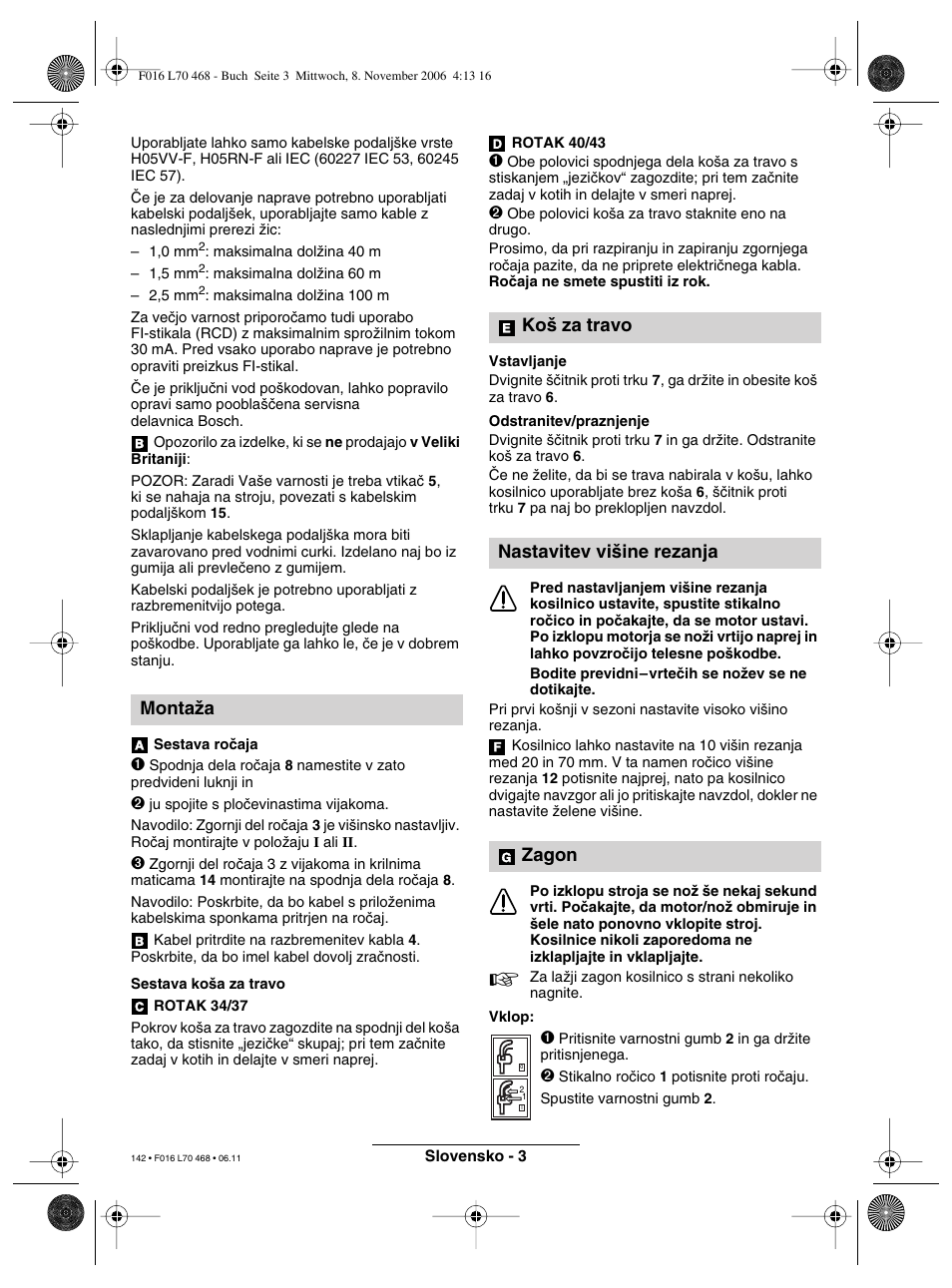 Montaïa, Ko‰ za travo nastavitev vi‰ine rezanja zagon | Bosch ROTAK 37 User Manual | Page 142 / 171