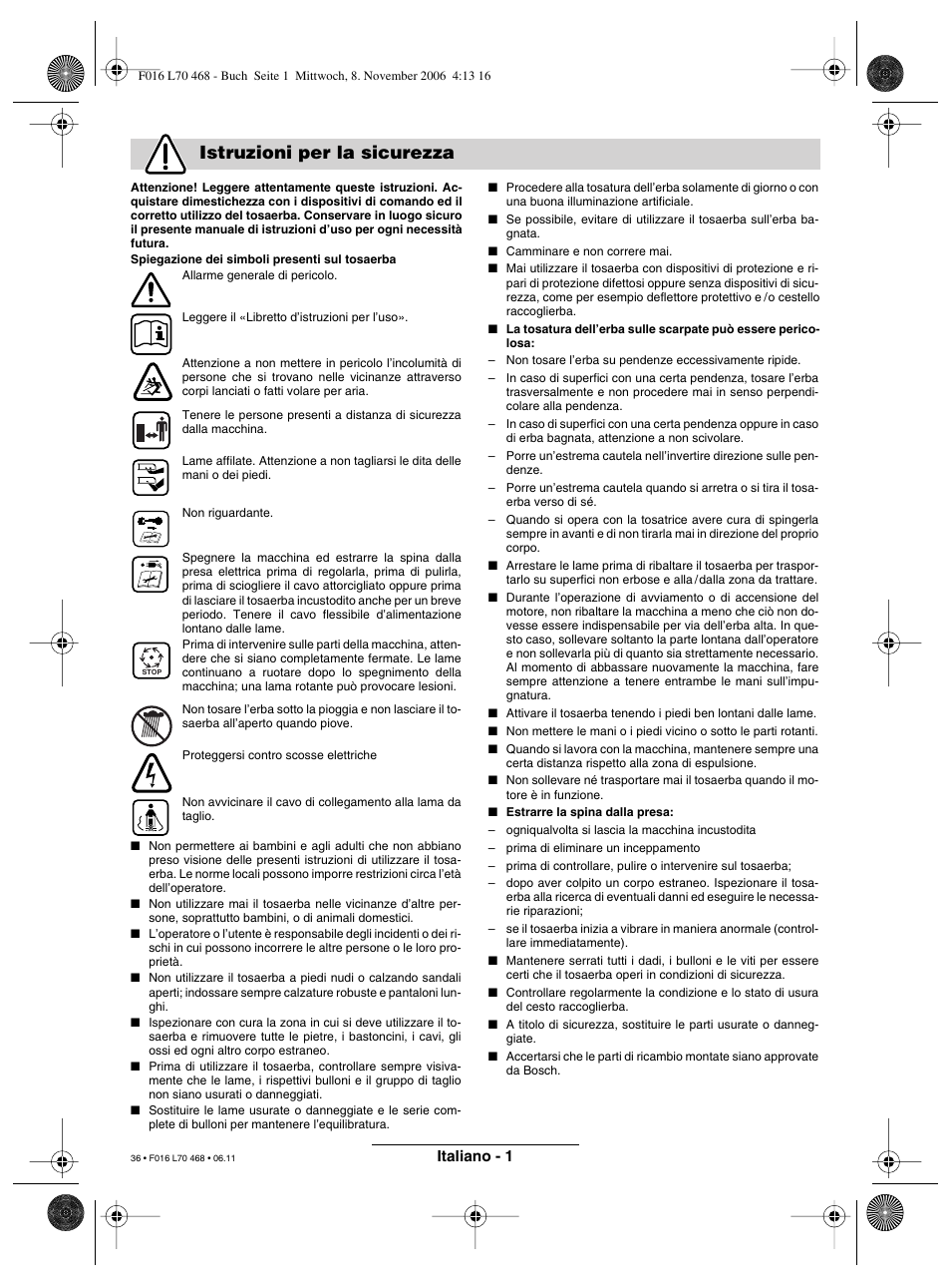 Istruzioni per la sicurezza | Bosch ROTAK 37 User Manual | Page 36 / 171