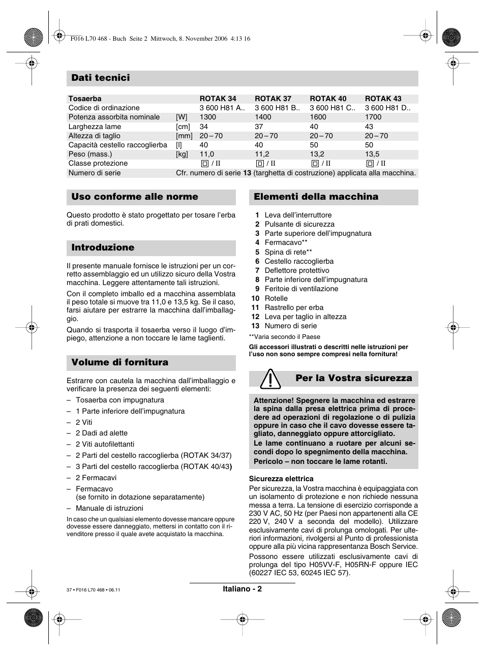 Dati tecnici | Bosch ROTAK 37 User Manual | Page 37 / 171