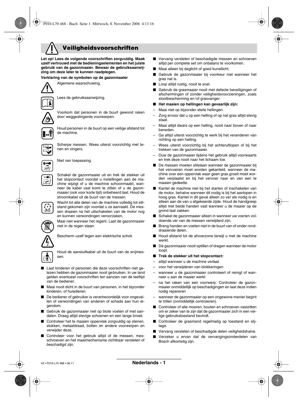 Veiligheidsvoorschriften | Bosch ROTAK 37 User Manual | Page 42 / 171