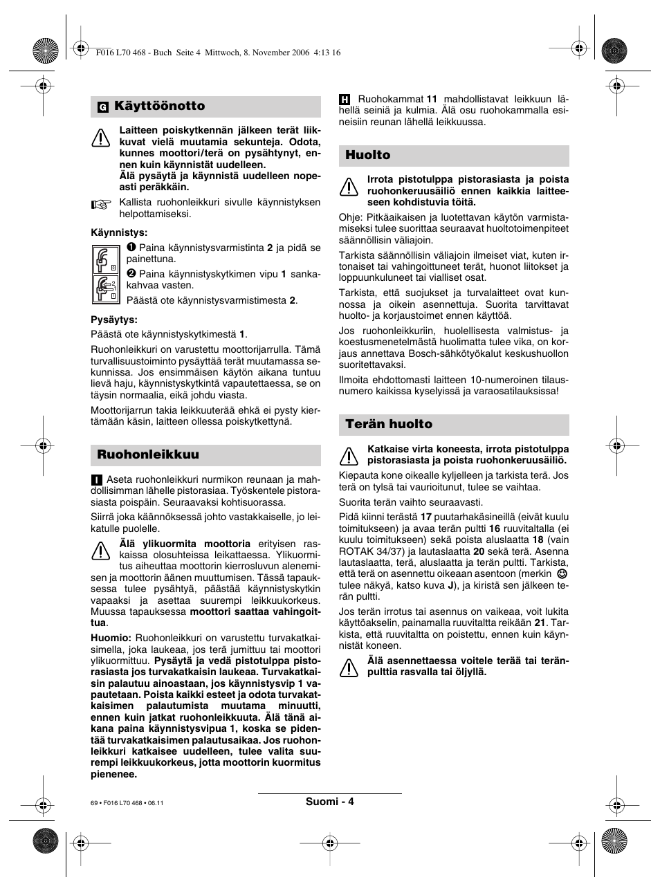 Käyttöönotto ruohonleikkuu, Huolto terän huolto | Bosch ROTAK 37 User Manual | Page 69 / 171