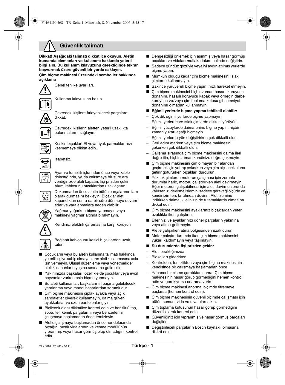 Güvenlik talimat | Bosch ROTAK 37 User Manual | Page 79 / 171