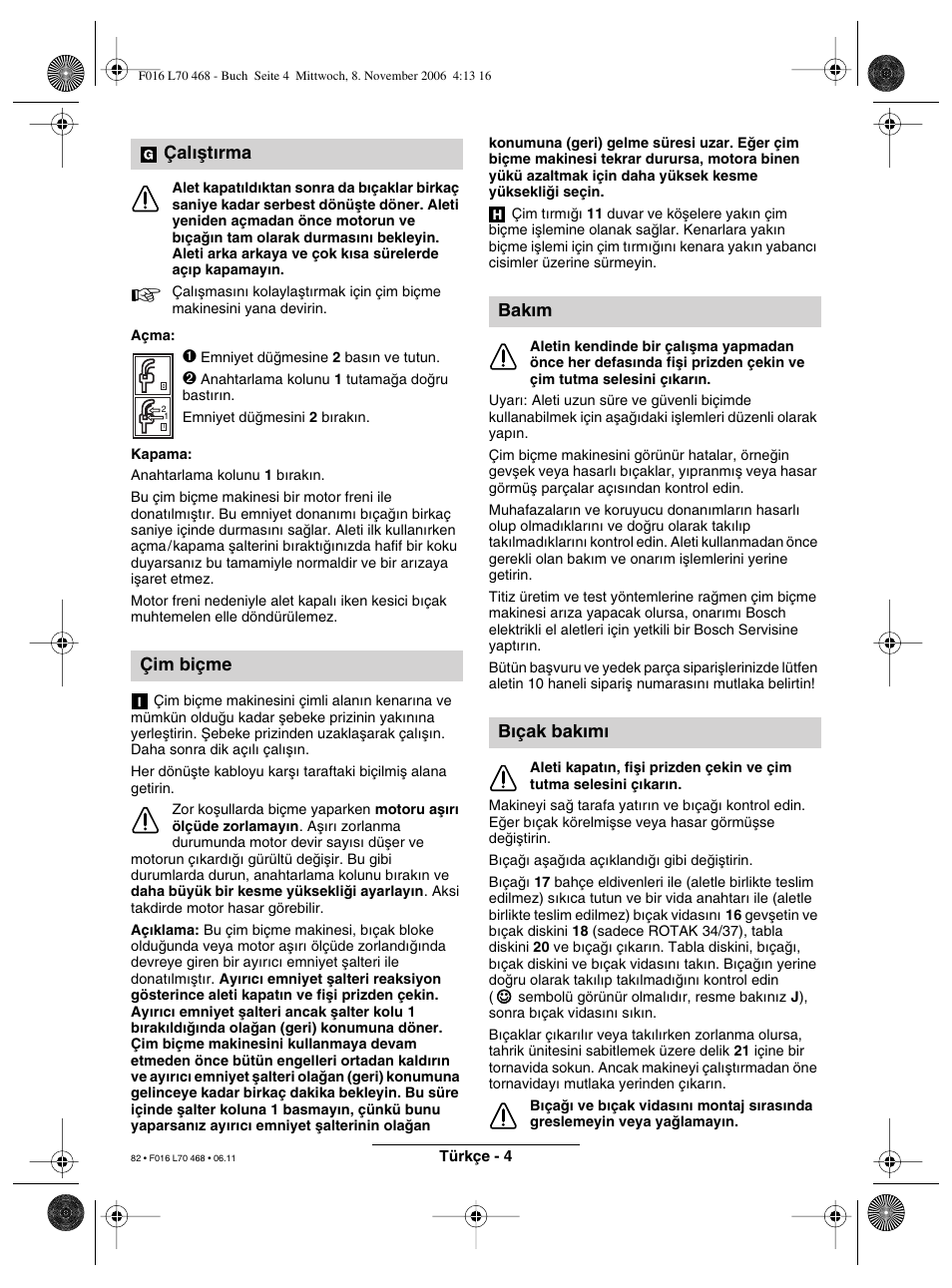 Çal∂µt∂rma çim biçme, Bak∂m b∂çak bak∂m | Bosch ROTAK 37 User Manual | Page 82 / 171