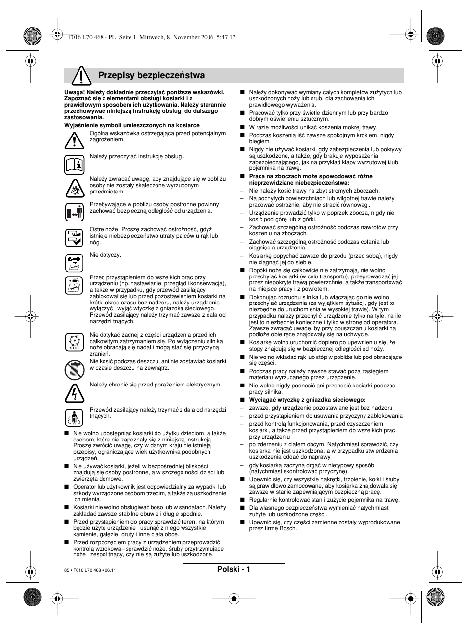 Przepisy bezpieczeµstwa, Polski - 1 | Bosch ROTAK 37 User Manual | Page 85 / 171