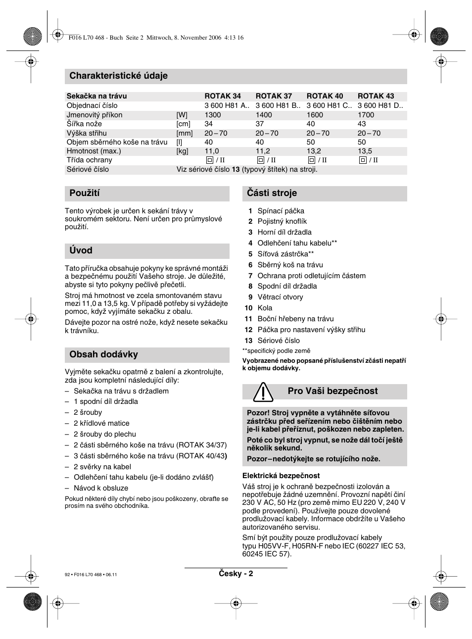 Charakteristické údaje | Bosch ROTAK 37 User Manual | Page 92 / 171