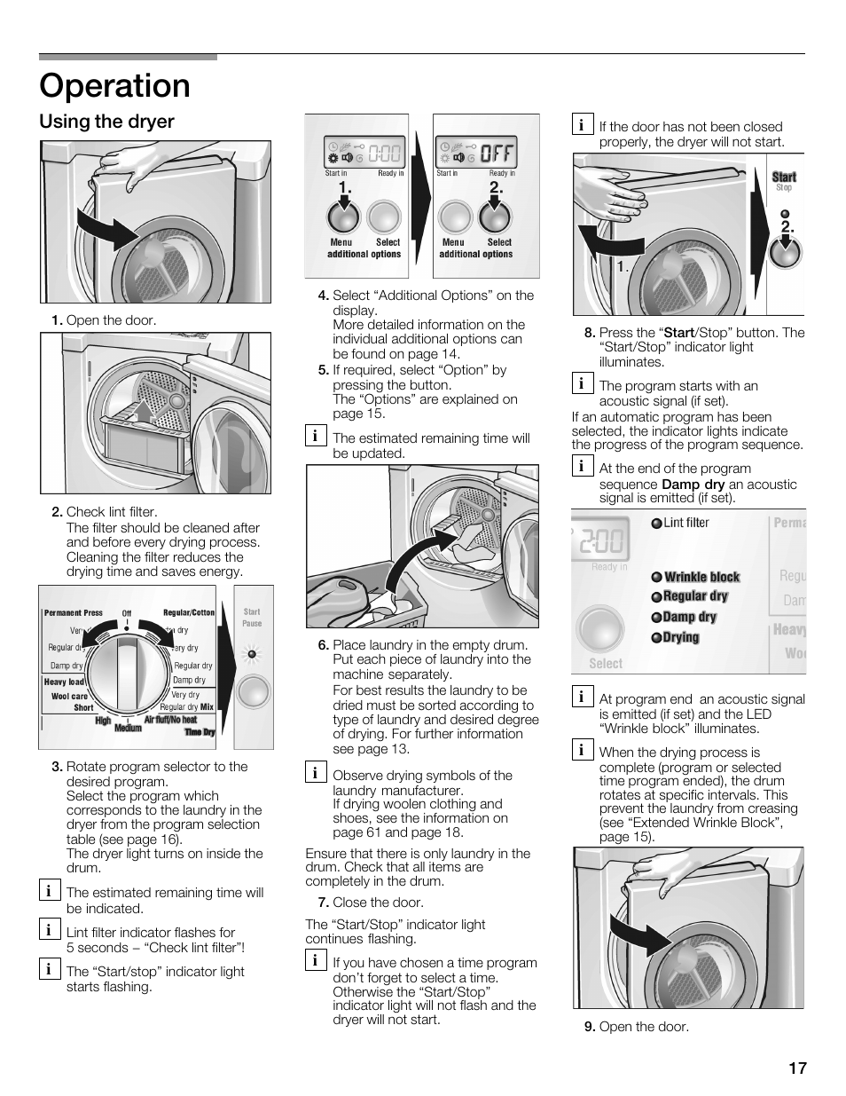 Operation, Using the dryer | Bosch WTMC6321US User Manual | Page 17 / 72