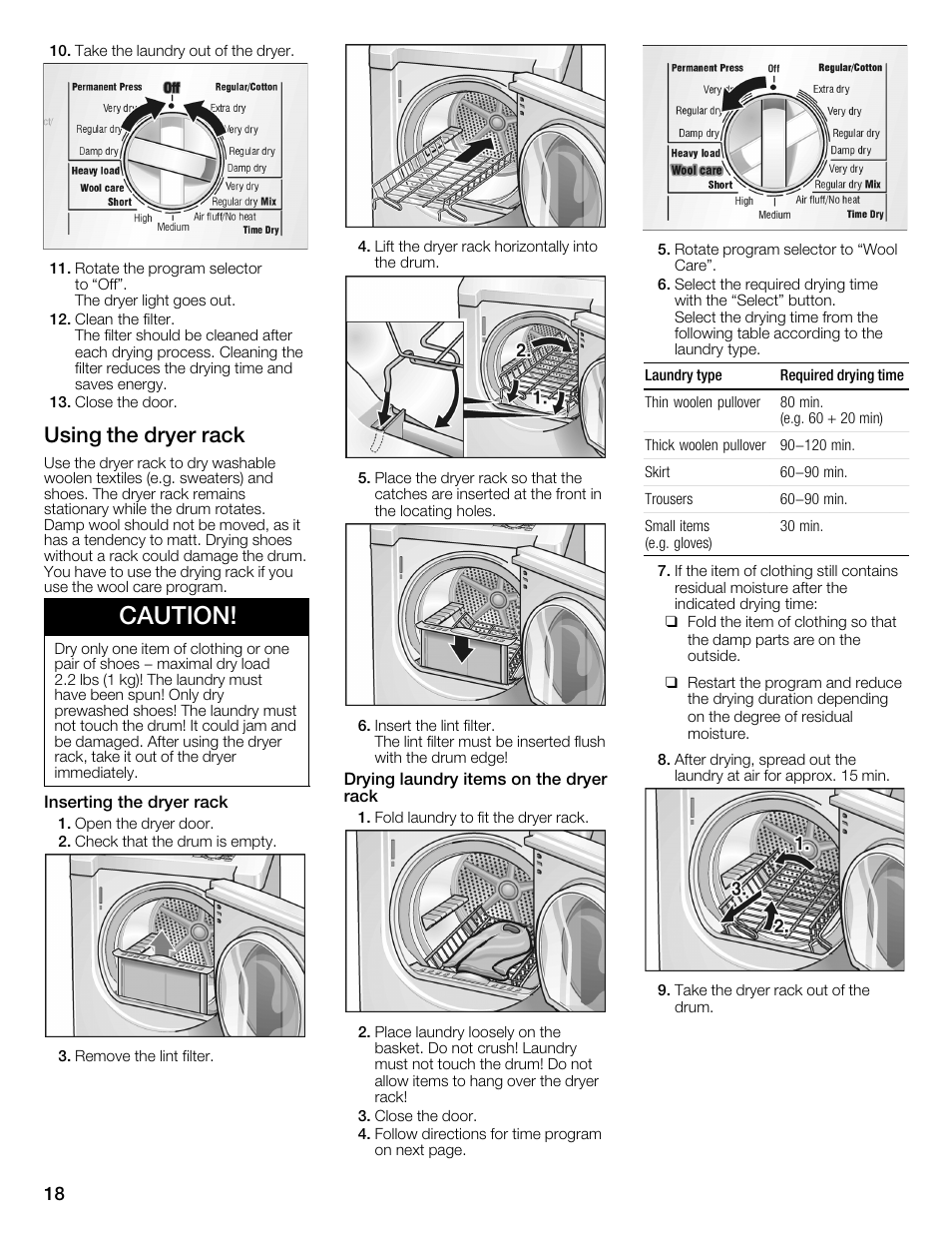 Caution, Using the dryer rack | Bosch WTMC6321US User Manual | Page 18 / 72