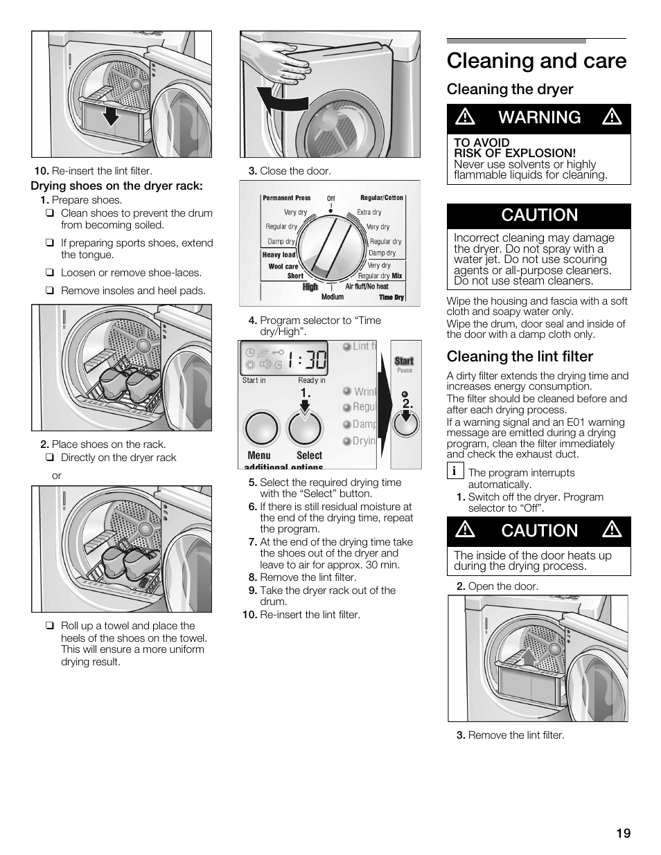 Cleaning and care, Warning, Caution | Cleaning the dryer, Cleaning the lint filter | Bosch WTMC6321US User Manual | Page 19 / 72