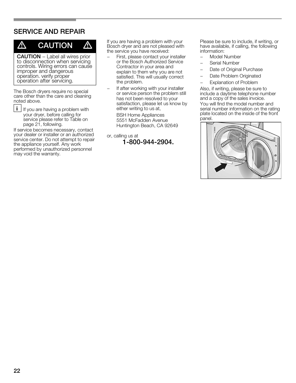 Caution, Service and repair | Bosch WTMC6321US User Manual | Page 22 / 72